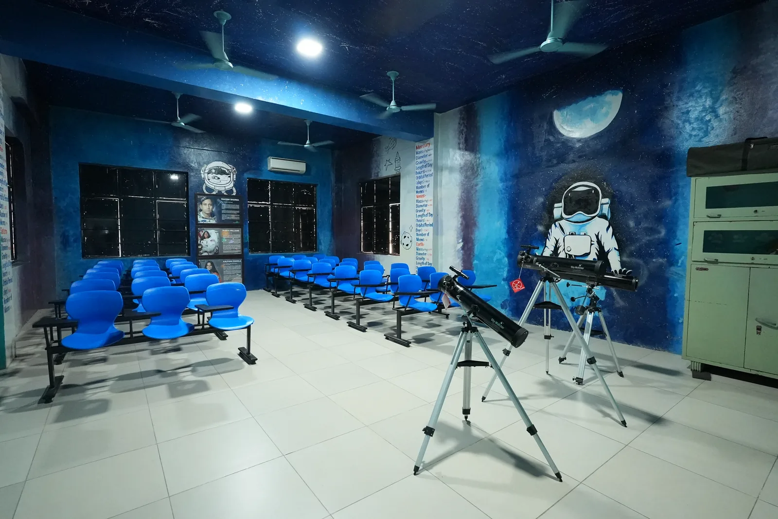 Astronomy lab with telescopes and space mural