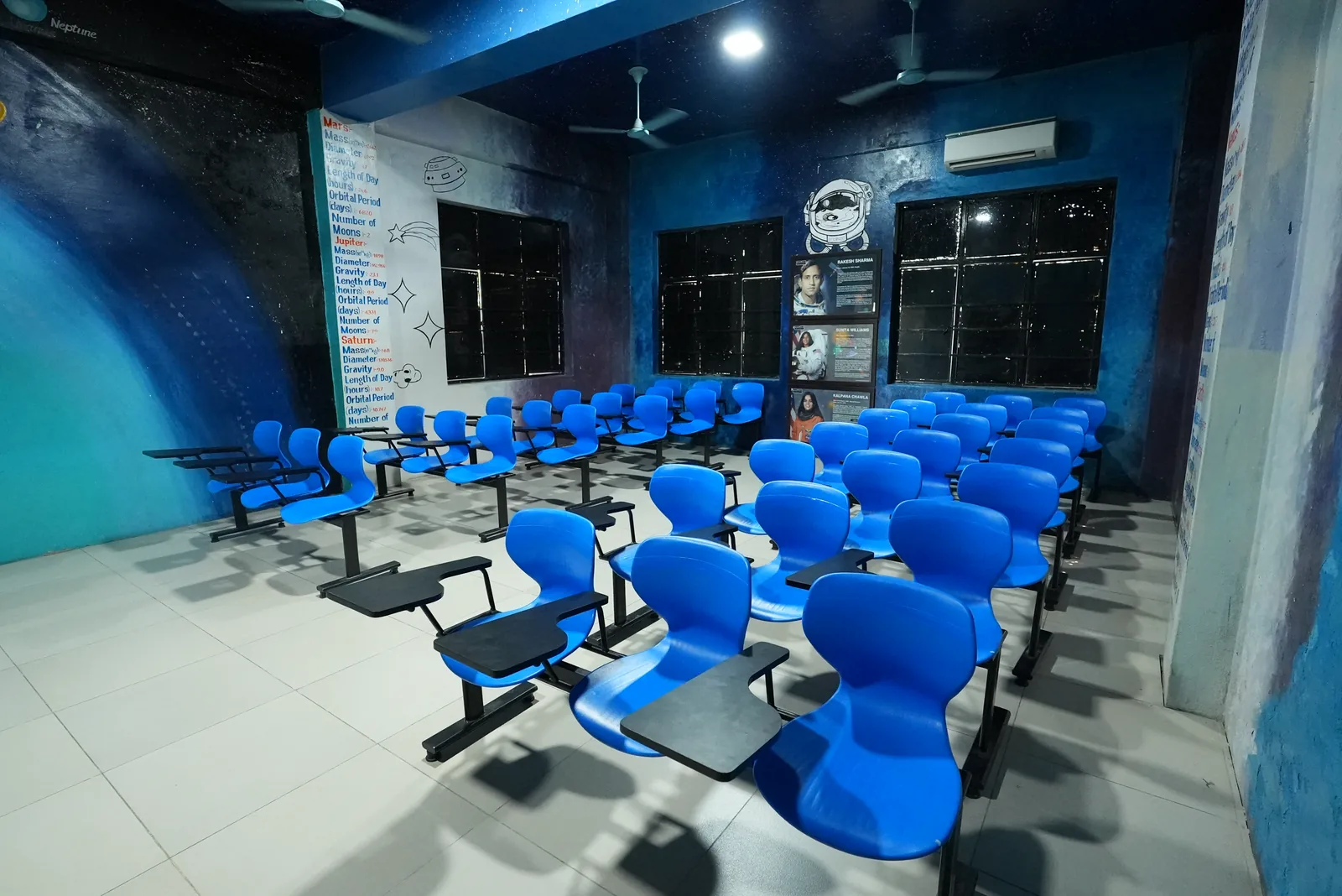 Space-themed classroom with planet facts