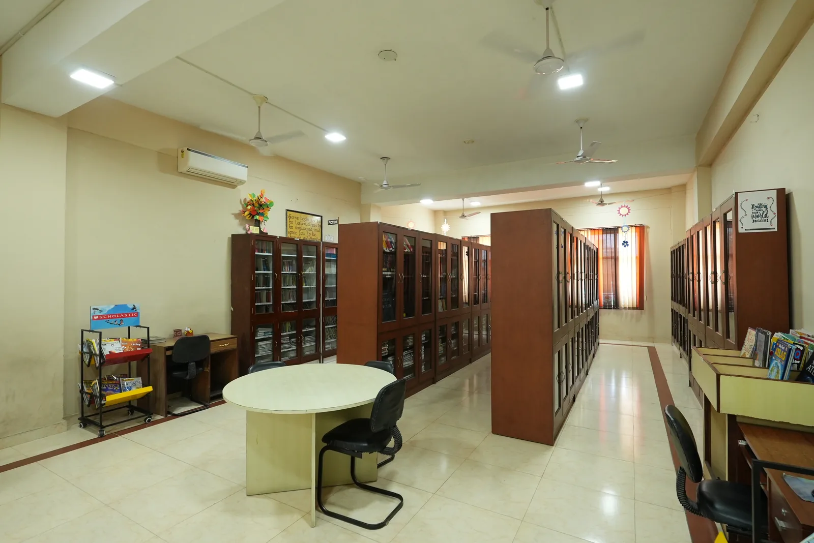 School library with glass bookcases